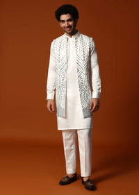 Off White Embroidered Kurta Jacket Set For Men