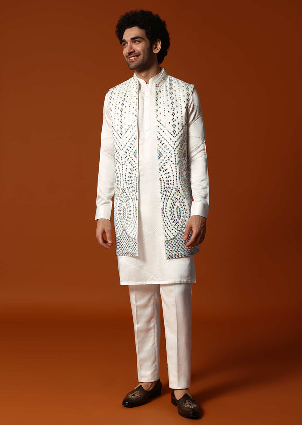 Off White Embroidered Kurta Jacket Set For Men