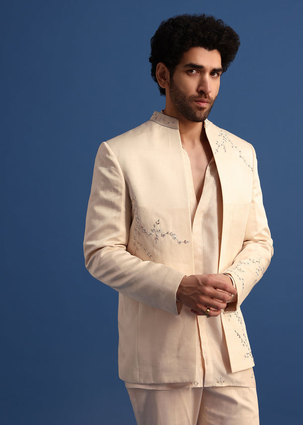 Off White Embroidered Linen Jodhpuri Suit