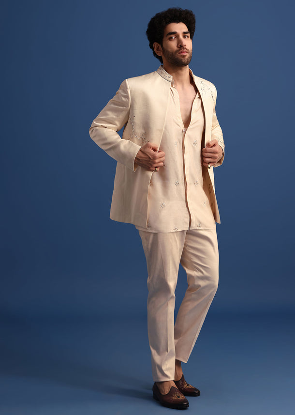 Off White Embroidered Linen Jodhpuri Suit