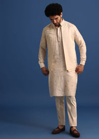 Off White Embroidered Linen Kurta Jacket Set