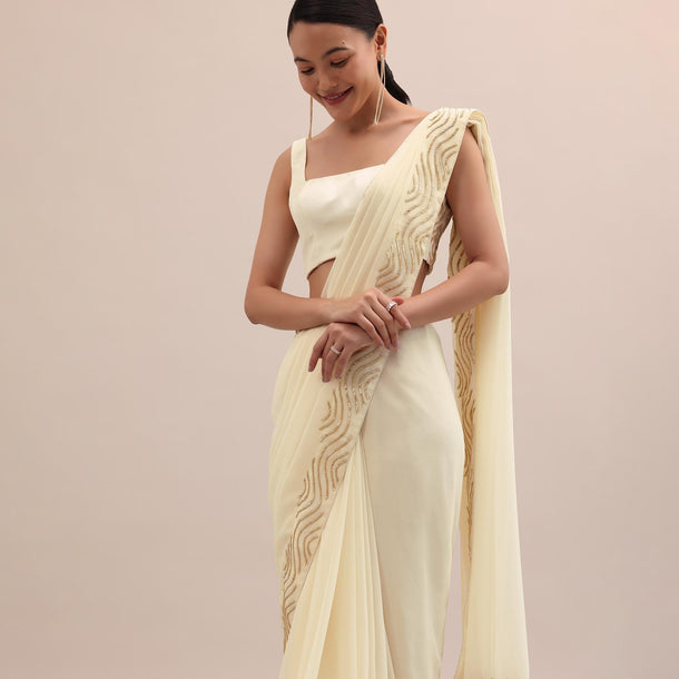 Off White Embroidered Saree With Unstitched Blouse