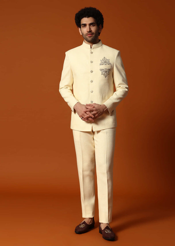 Off White Embroidered Silk Jodhpuri Suit For Men