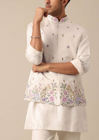 Off White Floral Embroidered Jacket Kurta Set