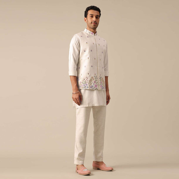 Off White Floral Embroidered Jacket Kurta Set