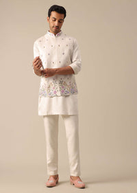 Off White Floral Embroidered Jacket Kurta Set