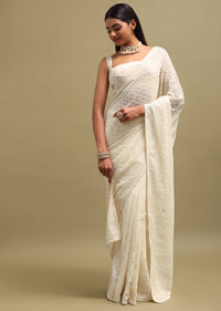 Off White Georgette Parsi Gara Saree With Unstitched Blouse