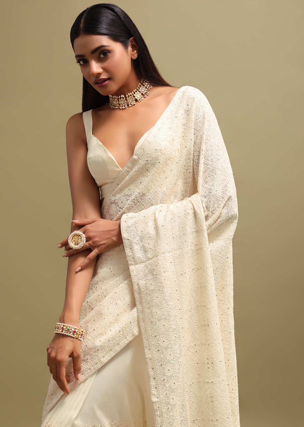Off White Georgette Chikankari Saree With Unstitched Blouse