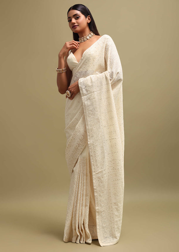 Off White Georgette Chikankari Saree With Unstitched Blouse