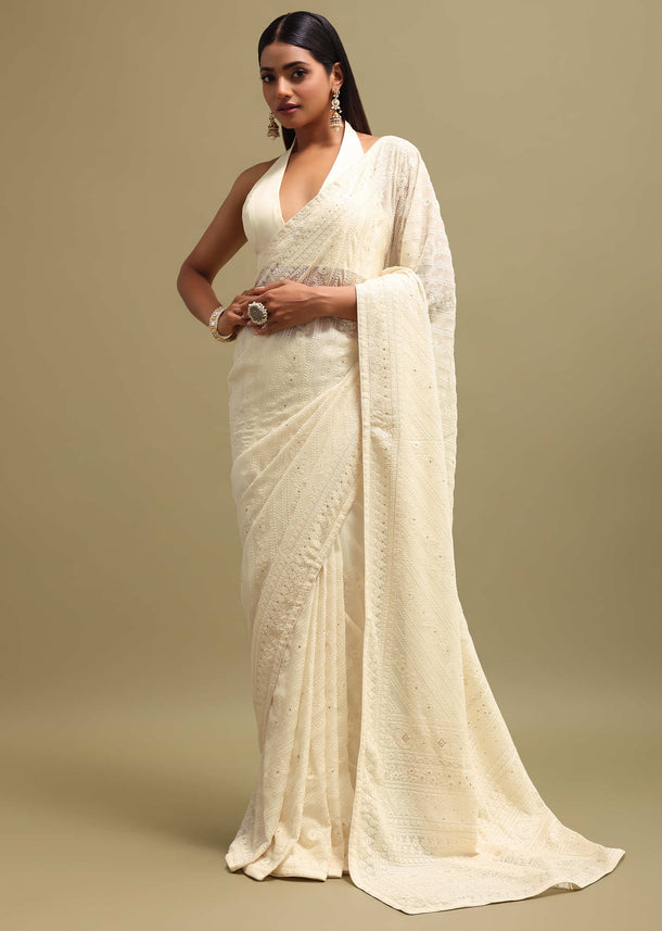 Off White Georgette Saree In Chikankari Work With Unstitched Blouse