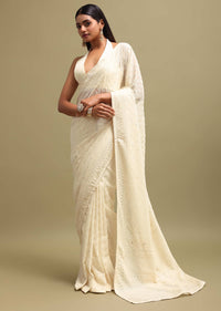 Off White Georgette Saree In Chikankari Work With Unstitched Blouse