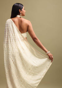 Off White Georgette Saree In Chikankari Work With Unstitched Blouse