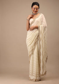 Off White Georgette Saree With Cut Dana Zardosi Embroidery Along With Copper Detailing