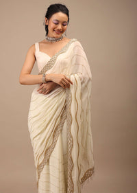 Off White Georgette Saree With Cut Dana Zardosi Embroidery Along With Copper Detailing