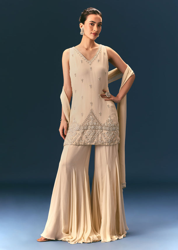 Off White Hand Embroidered Sharara Suit With Choker Dupatta