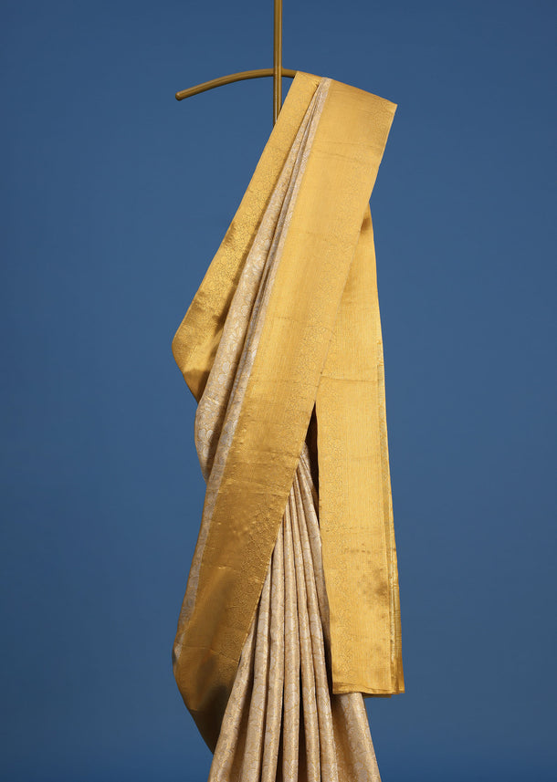 Off White Handloom Kanjivaram Tissue Silk Saree With Gold Border