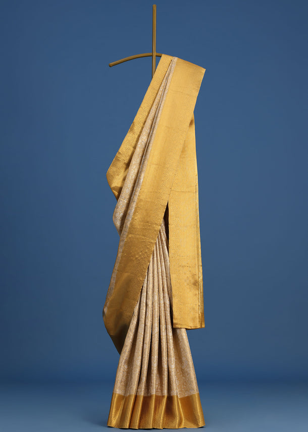 Off White Handloom Kanjivaram Tissue Silk Saree With Gold Border