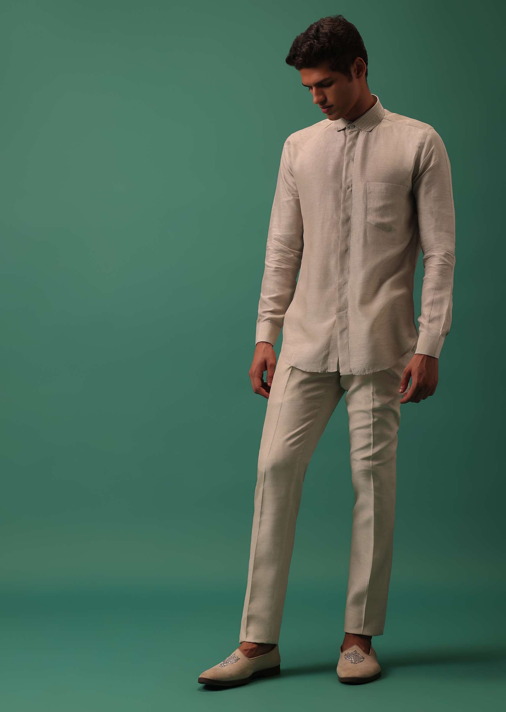 Off White Heavy Hand Embroidered Tuxedo Suit In Dola Silk
