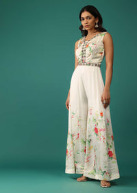Off White Jumpsuit In Mull Cotton With Embroidered Belt