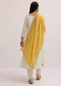 Off White Kurta Pant Set With Yellow Chiffon Dupatta