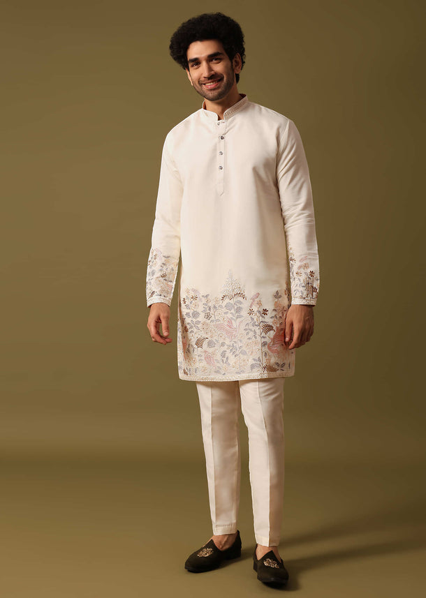 Off White Kurta Set In Resham Work For Men