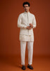 Off White Linen Silk Jacket Set With Zari And Mirror Work