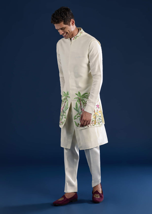 Off White Mens Silk Jacket Kurta Set with Resham Embroidery