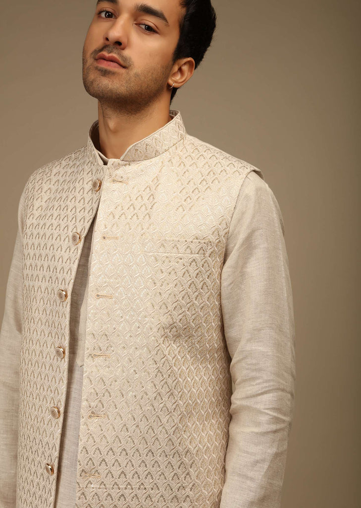 Off White Nehru Jacket And Kurta Set In Linen Silk With Resham And Sequins Embroidered Moroccan Jaal