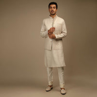 Off White Nehru Jacket And Kurta Set In Linen Silk With Resham And Sequins Embroidered Moroccan Jaal