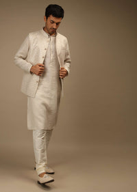 Off White Nehru Jacket And Kurta Set In Linen Silk With Resham And Sequins Embroidered Moroccan Jaal