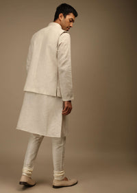 Off White Nehru Jacket And Kurta Set In Linen Silk With Resham And Sequins Embroidered Moroccan Jaal