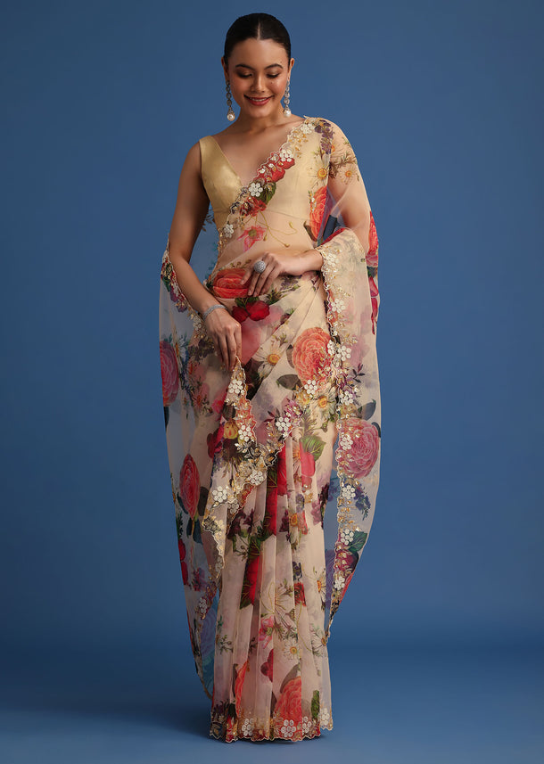 Off White Organza Floral Printed Saree With Embroidered Border