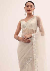 Off White Organza Saree In Sequins With Unstitched Blouse