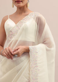 Off White Organza Saree In Thread Work With Unstitched Blouse