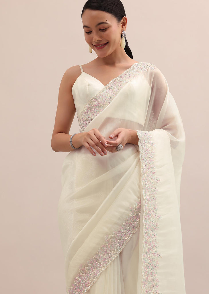 Off White Organza Saree In Thread Work With Unstitched Blouse