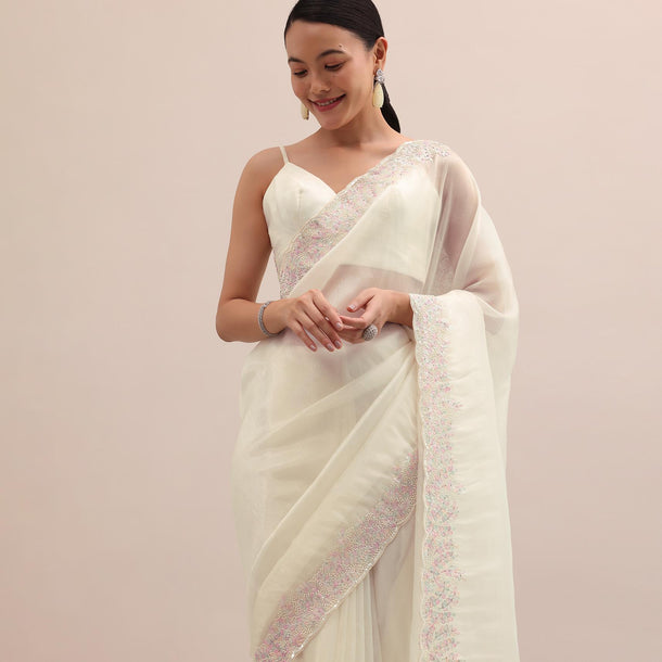 Off White Organza Saree In Thread Work With Unstitched Blouse