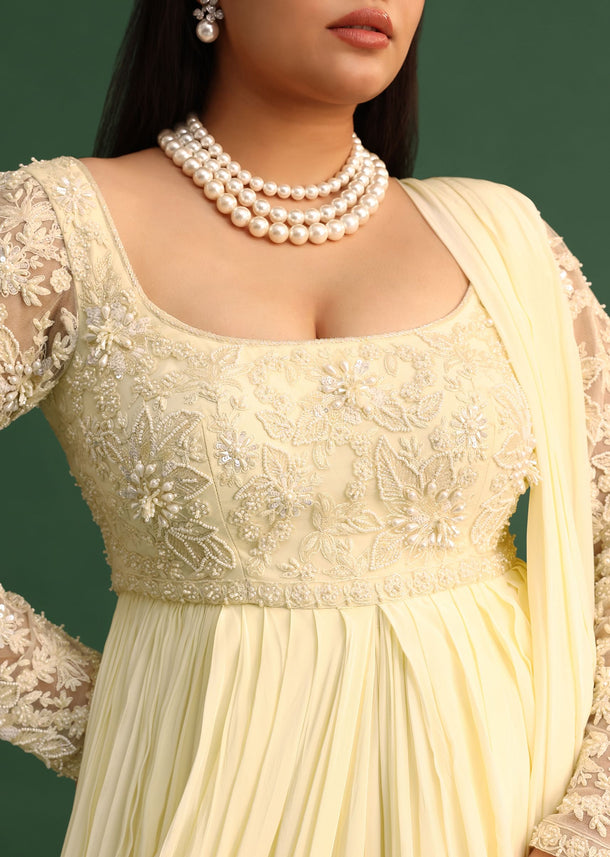 Off White Pallu Style Draped Anarkali Suit
