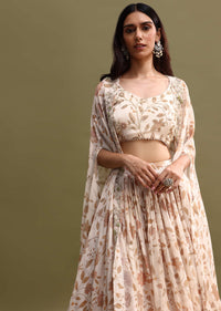 Off White Printed Chiffon Lehenga Choli Set