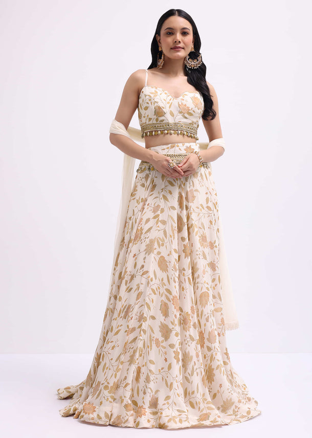 Off White Printed Georgette Lehenga Choli Set