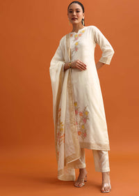 Off White Resham Weave Kurta Pant Set With Dupatta