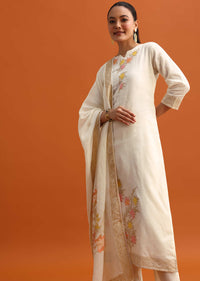 Off White Resham Weave Kurta Pant Set With Dupatta