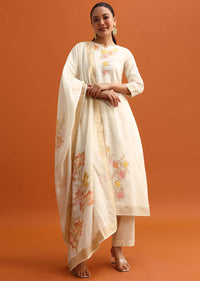 Off White Resham Weave Kurta Pant Set With Dupatta