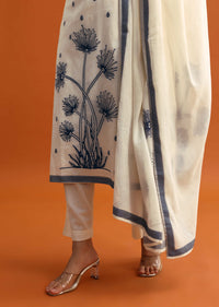 Off White Cotton Resham Woven Kurta Set With Dupatta