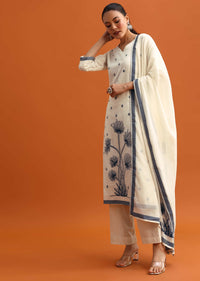 Off White Cotton Resham Woven Kurta Set With Dupatta