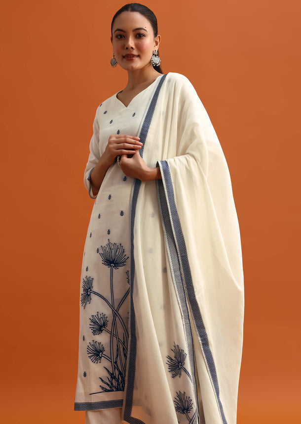 Off White Cotton Resham Woven Kurta Set With Dupatta