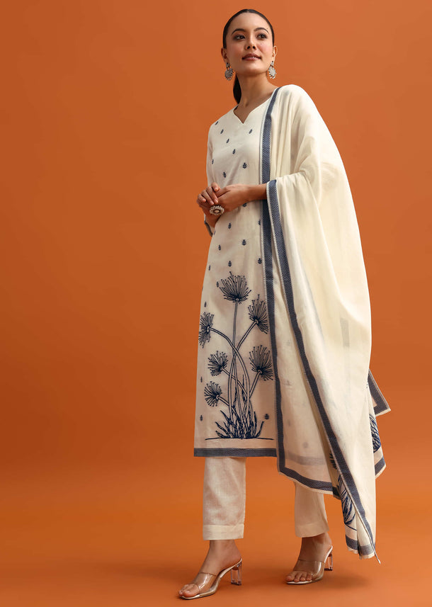 Off White Cotton Resham Woven Kurta Set With Dupatta