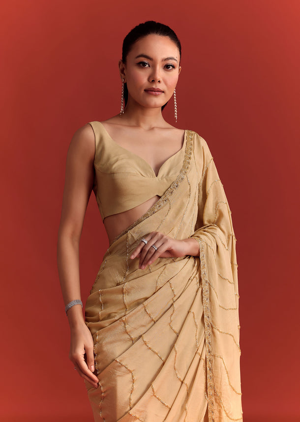 Off White Saree In Chinnon With Cutdana Work