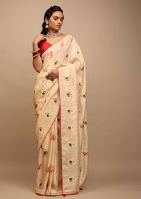Off White Saree In Dola Silk With Woven Patola Buttis And Red Unstitched Blouse