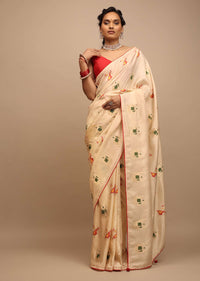 Off White Saree In Dola Silk With Woven Patola Buttis And Red Unstitched Blouse