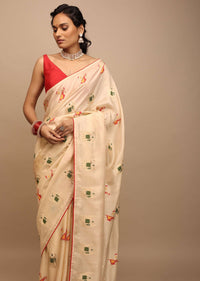 Off White Saree In Dola Silk With Woven Patola Buttis And Red Unstitched Blouse